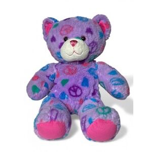 Build A Bear Teddy Bear Plush Peace Sign Hearts Stuffed Animal Purple Pink 16in.